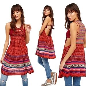 $148‎ FREE PEOPLE Rare Hearts Orange Boho Crochet Knit Tunic Midi Dress SIZE XS